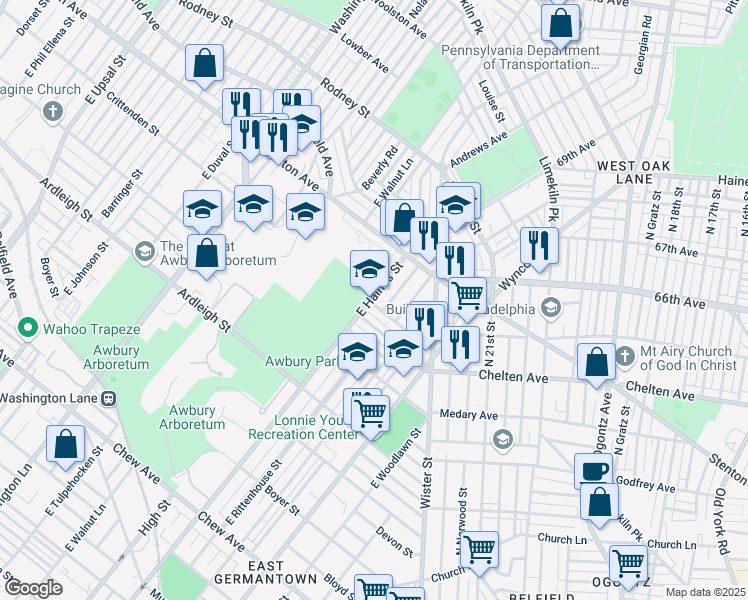 map of restaurants, bars, coffee shops, grocery stores, and more near 5857 Crittenden Street in Philadelphia