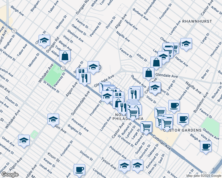 map of restaurants, bars, coffee shops, grocery stores, and more near 7331 Frontenac Street in Philadelphia
