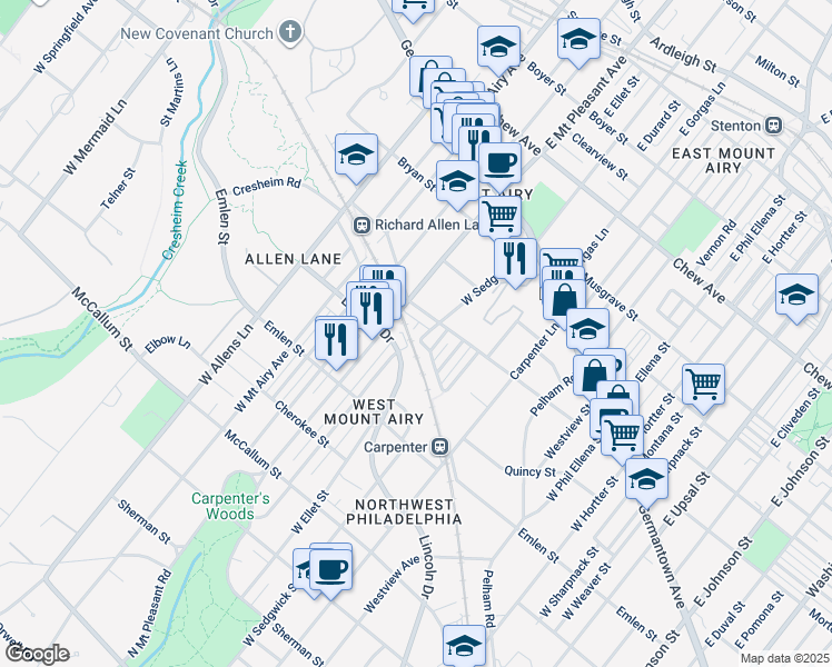 map of restaurants, bars, coffee shops, grocery stores, and more near 227 West Sedgwick Street in Philadelphia