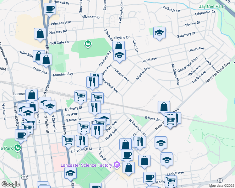 map of restaurants, bars, coffee shops, grocery stores, and more near 1018 Marshall Avenue in Lancaster