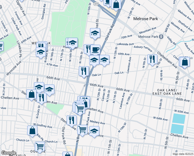 map of restaurants, bars, coffee shops, grocery stores, and more near 1314 West Oak Lane in Philadelphia