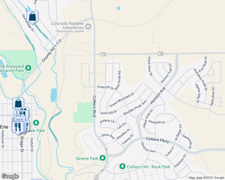 map of restaurants, bars, coffee shops, grocery stores, and more near 734 Bear Peak Road in Erie