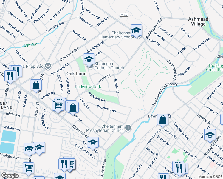 map of restaurants, bars, coffee shops, grocery stores, and more near 39 Meadow Lane in Oak Lane
