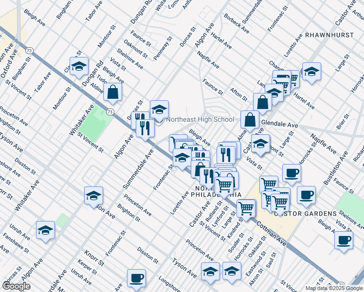map of restaurants, bars, coffee shops, grocery stores, and more near 7324 Frontenac Street in Philadelphia