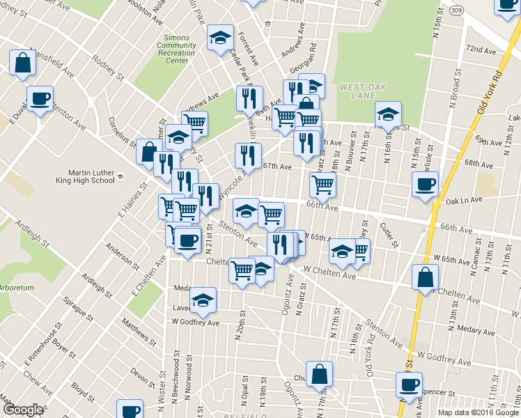map of restaurants, bars, coffee shops, grocery stores, and more near 2000 66th Avenue in Philadelphia