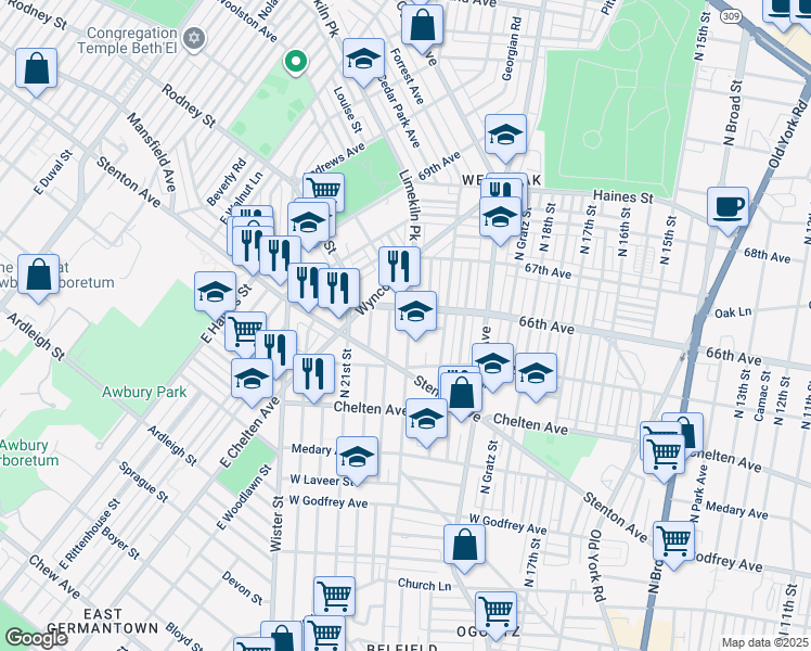 map of restaurants, bars, coffee shops, grocery stores, and more near 6558 Limekiln Pike in Philadelphia