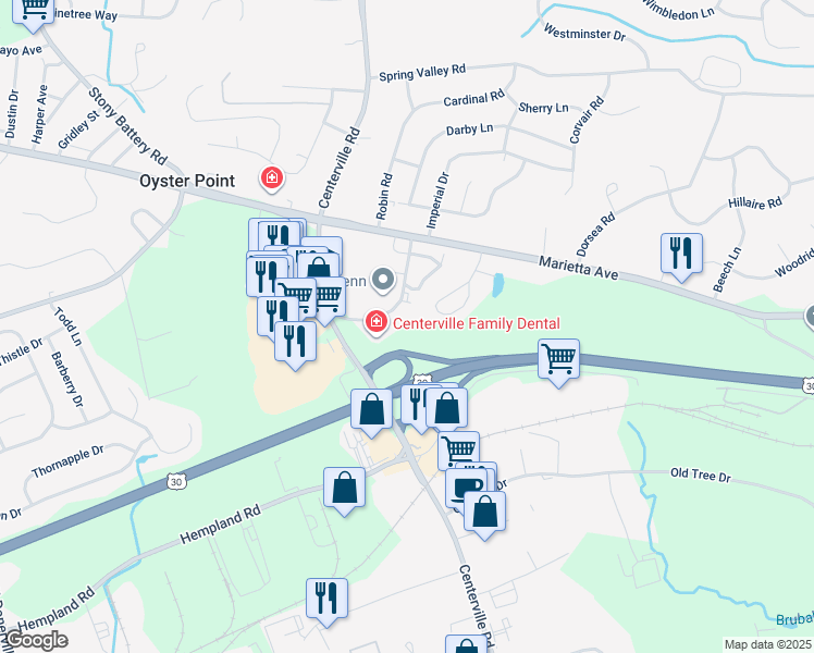 map of restaurants, bars, coffee shops, grocery stores, and more near 675 Estelle Dr in Lancaster