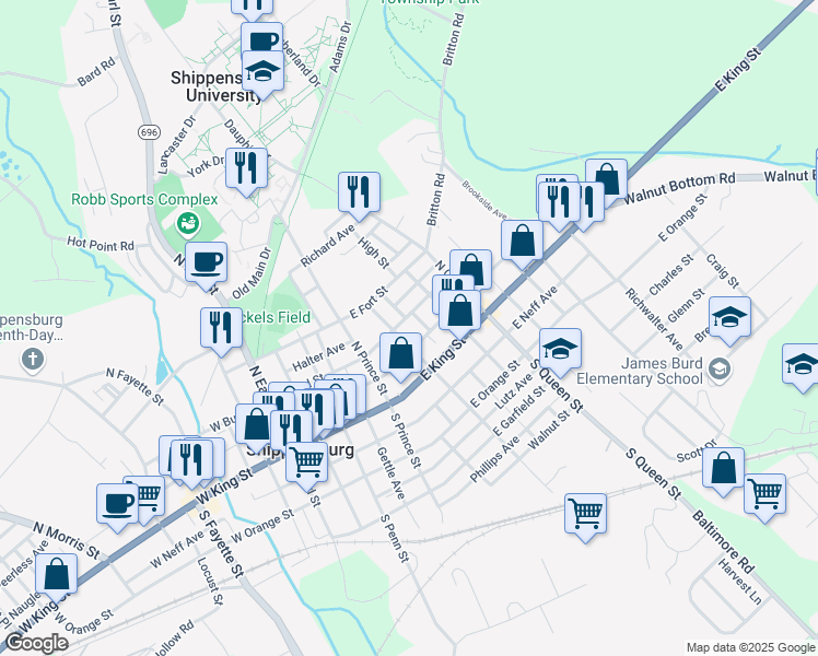 map of restaurants, bars, coffee shops, grocery stores, and more near 17 North Washington Street in Shippensburg