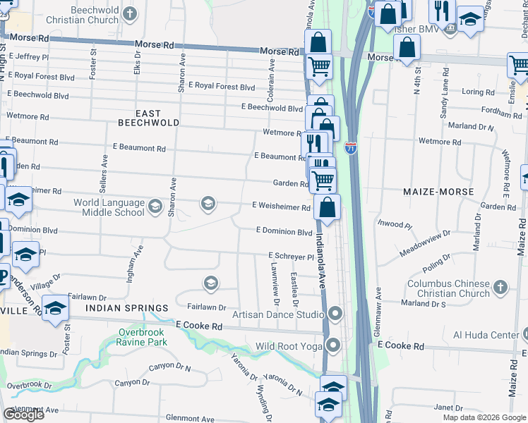 map of restaurants, bars, coffee shops, grocery stores, and more near 591 East Weisheimer Road in Columbus