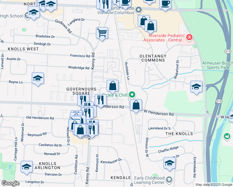 map of restaurants, bars, coffee shops, grocery stores, and more near 4655 Merrimar Circle East in Columbus