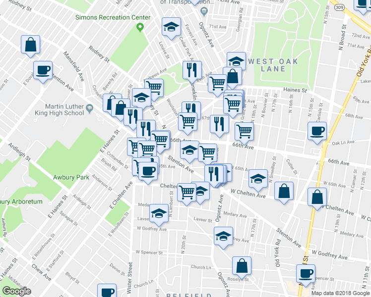 map of restaurants, bars, coffee shops, grocery stores, and more near 6557 North Woodstock Street in Philadelphia