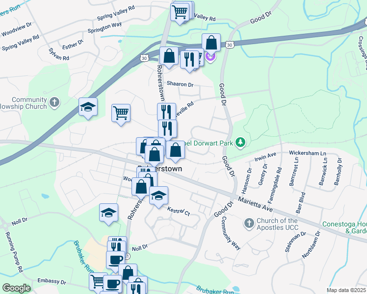 map of restaurants, bars, coffee shops, grocery stores, and more near 117 Norlawn Circle in Lancaster
