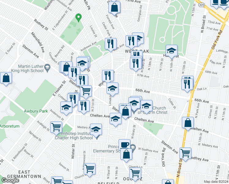 map of restaurants, bars, coffee shops, grocery stores, and more near 2023 Ridley Street in Philadelphia