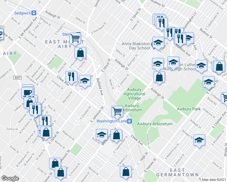 map of restaurants, bars, coffee shops, grocery stores, and more near E Cliveden St & E Johnson St in Philadelphia