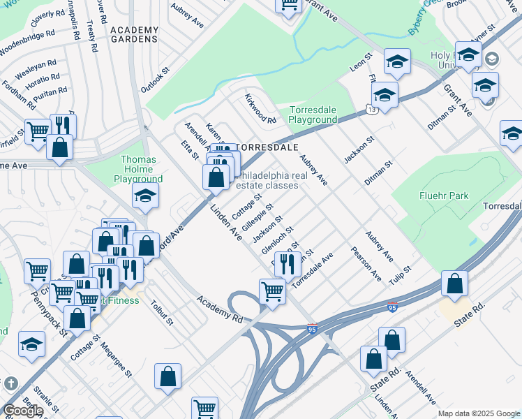 map of restaurants, bars, coffee shops, grocery stores, and more near 4416 Arendell Avenue in Philadelphia