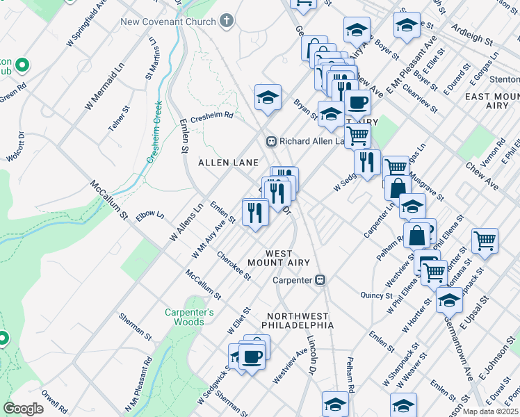 map of restaurants, bars, coffee shops, grocery stores, and more near 315 West Durham Street in Philadelphia