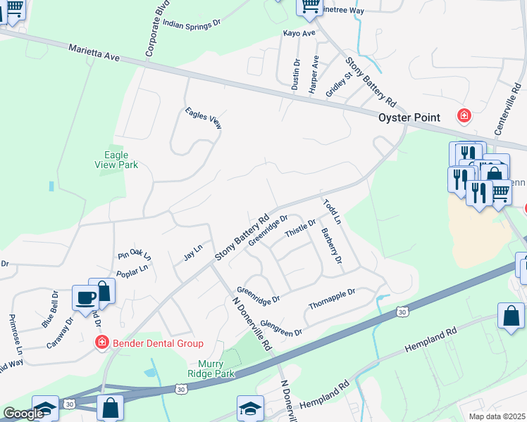 map of restaurants, bars, coffee shops, grocery stores, and more near 1690 Stony Battery Road in Lancaster