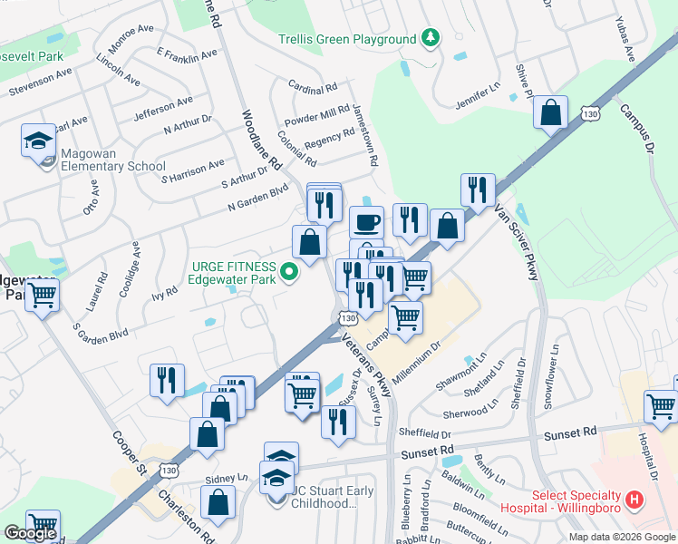 map of restaurants, bars, coffee shops, grocery stores, and more near 120 Woodlane Road in Edgewater Park