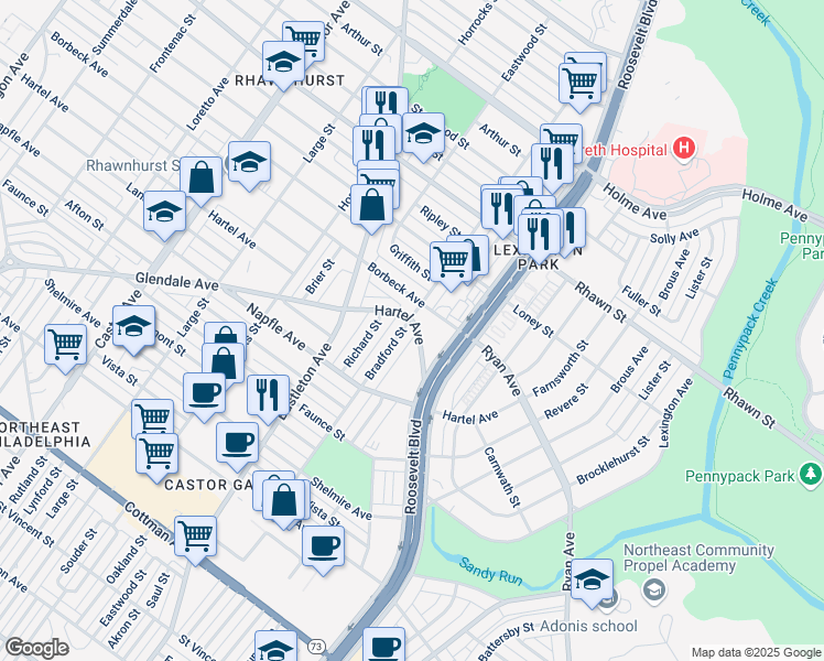 map of restaurants, bars, coffee shops, grocery stores, and more near 7753 Bradford Street in Philadelphia