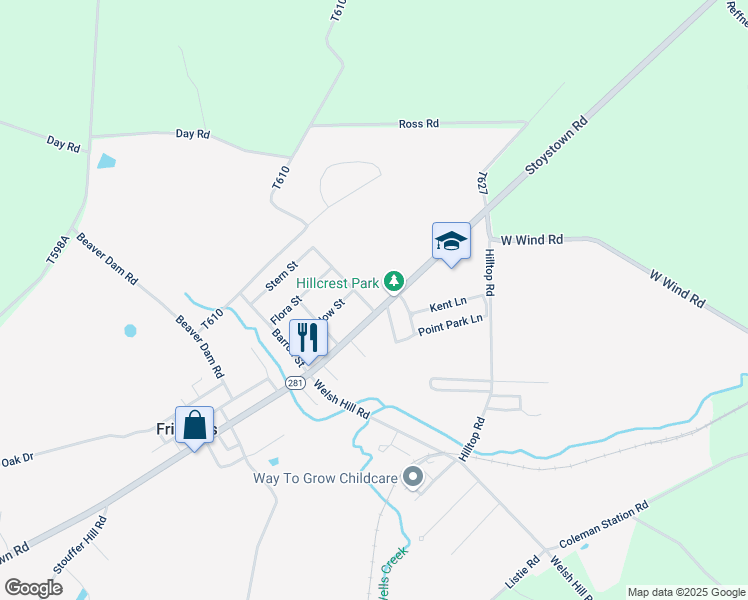 map of restaurants, bars, coffee shops, grocery stores, and more near 2317 Stoystown Road in Friedens