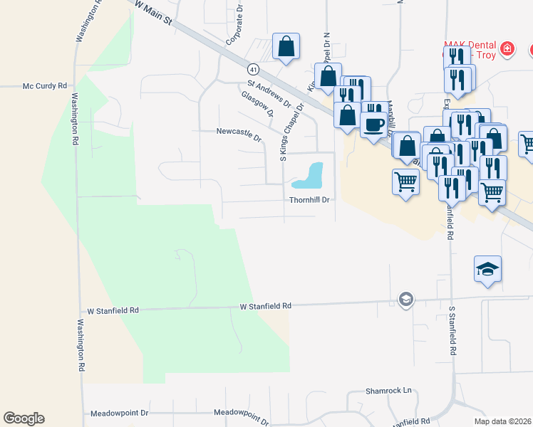 map of restaurants, bars, coffee shops, grocery stores, and more near 2511 Foxchase Court West in Troy