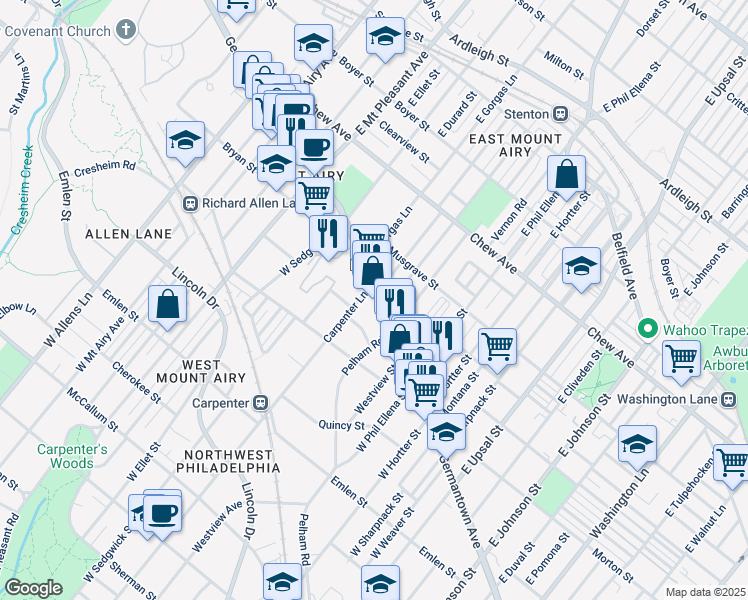 map of restaurants, bars, coffee shops, grocery stores, and more near 6782 Germantown Avenue in Philadelphia