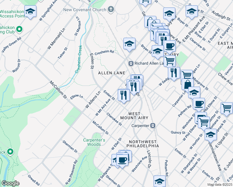 map of restaurants, bars, coffee shops, grocery stores, and more near 358 West Mount Airy Avenue in Philadelphia