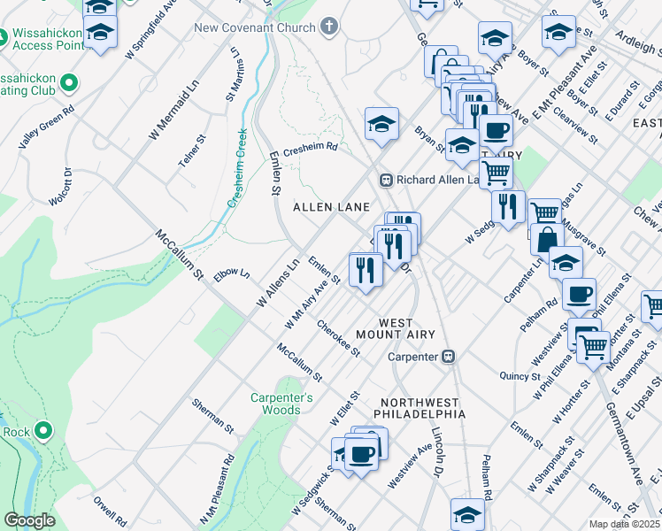 map of restaurants, bars, coffee shops, grocery stores, and more near 353 West Mount Airy Avenue in Philadelphia
