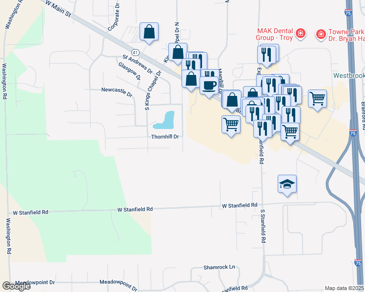 map of restaurants, bars, coffee shops, grocery stores, and more near 232 Westhaven Drive in Troy