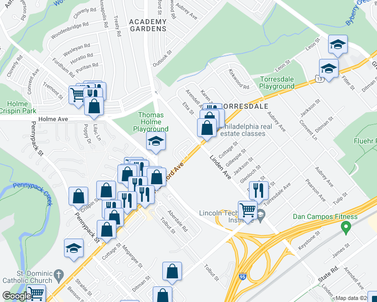 map of restaurants, bars, coffee shops, grocery stores, and more near 9176 Frankford Avenue in Philadelphia