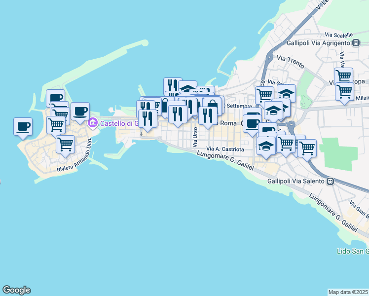 map of restaurants, bars, coffee shops, grocery stores, and more near 7 Via Ampalea in Gallipoli