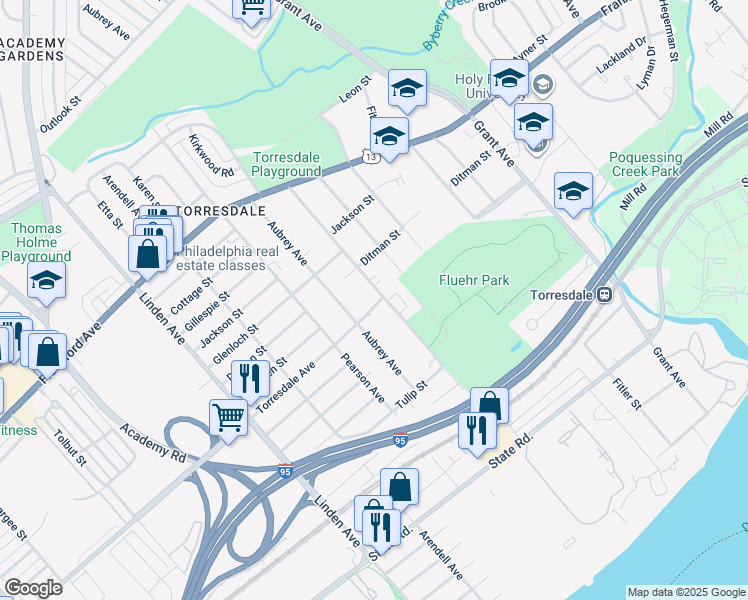 map of restaurants, bars, coffee shops, grocery stores, and more near 9520 Torresdale Avenue in Philadelphia