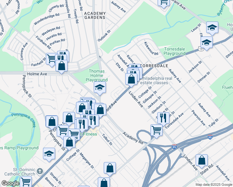 map of restaurants, bars, coffee shops, grocery stores, and more near 9153 Ellie Drive in Philadelphia
