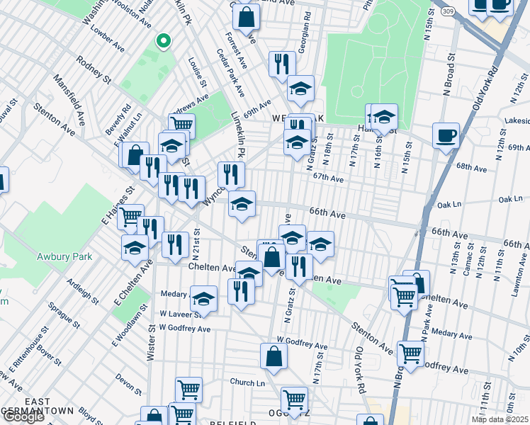 map of restaurants, bars, coffee shops, grocery stores, and more near 6553 North 20th Street in Philadelphia