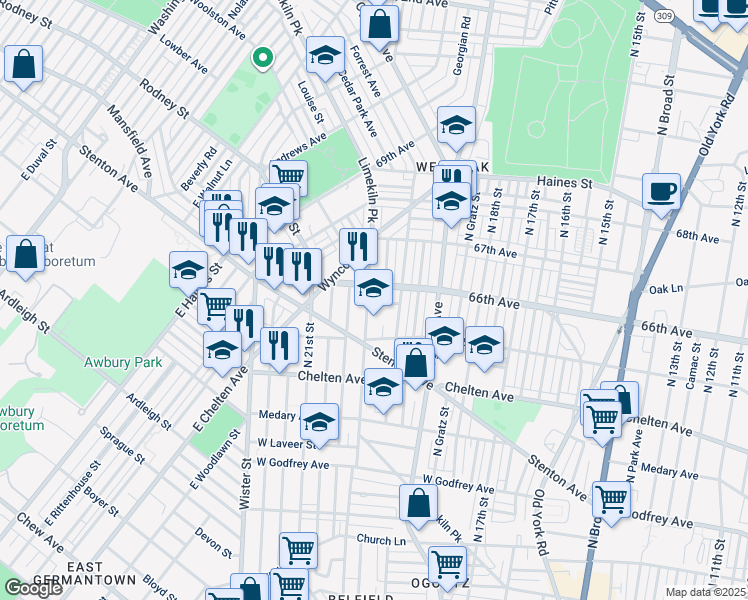 map of restaurants, bars, coffee shops, grocery stores, and more near 6539 Limekiln Pike in Philadelphia