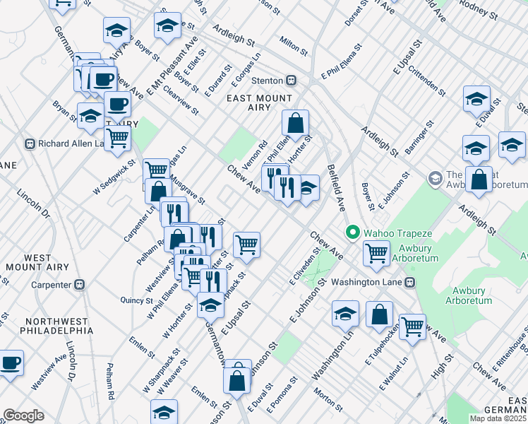 map of restaurants, bars, coffee shops, grocery stores, and more near 252 East Hortter Street in Philadelphia