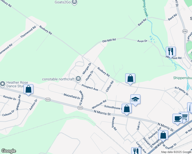 map of restaurants, bars, coffee shops, grocery stores, and more near 814 Crescent Drive in Shippensburg
