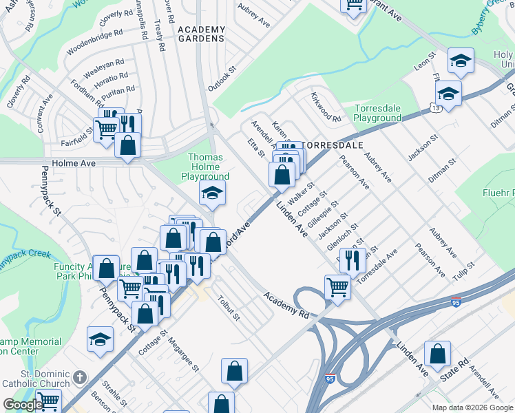 map of restaurants, bars, coffee shops, grocery stores, and more near 9176 Frankford Avenue in Philadelphia