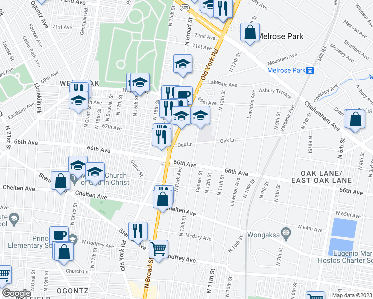 map of restaurants, bars, coffee shops, grocery stores, and more near 1314 Oak Lane Avenue in Philadelphia