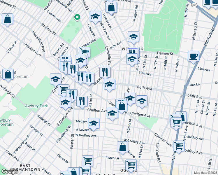 map of restaurants, bars, coffee shops, grocery stores, and more near 6539 Limekiln Pike in Philadelphia