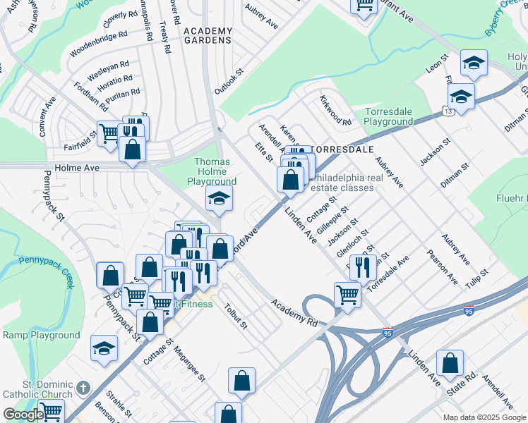 map of restaurants, bars, coffee shops, grocery stores, and more near 9176 Frankford Avenue in Philadelphia