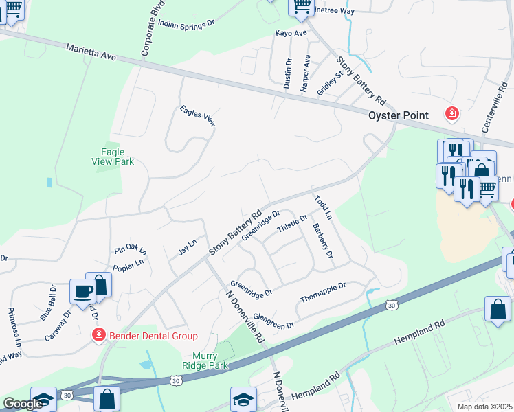 map of restaurants, bars, coffee shops, grocery stores, and more near 1690 Stony Battery Road in Lancaster