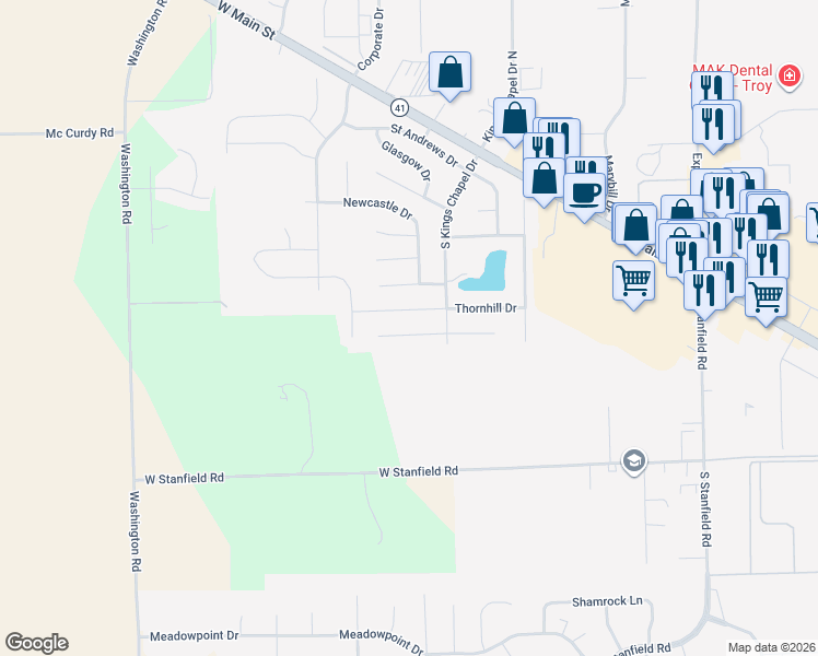 map of restaurants, bars, coffee shops, grocery stores, and more near 2511 Foxchase Court West in Troy