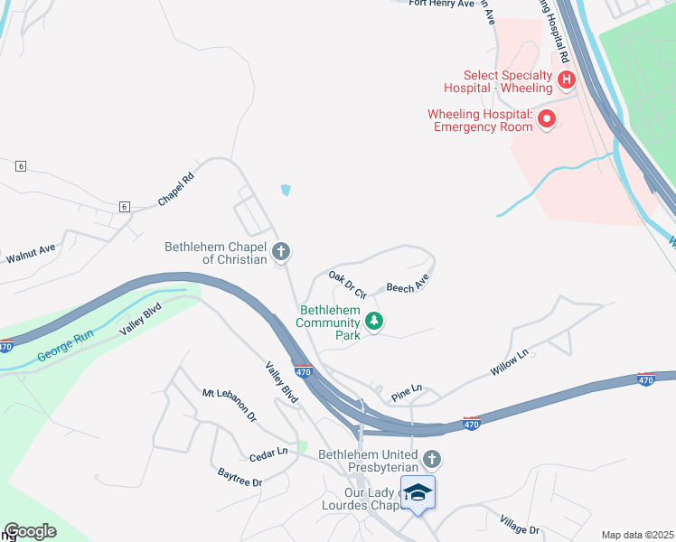 map of restaurants, bars, coffee shops, grocery stores, and more near 11 Oak Drive Circle in Wheeling