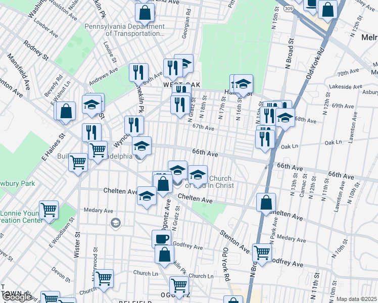 map of restaurants, bars, coffee shops, grocery stores, and more near 6551 North Gratz Street in Philadelphia