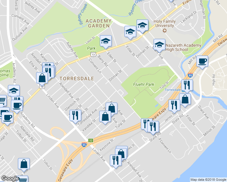 map of restaurants, bars, coffee shops, grocery stores, and more near 9520 Torresdale Avenue in Philadelphia