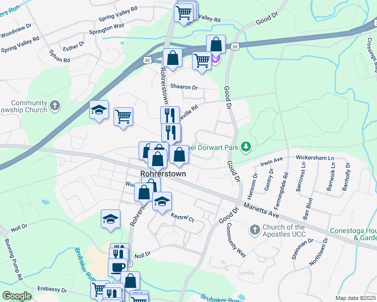 map of restaurants, bars, coffee shops, grocery stores, and more near 117 Norlawn Circle in Lancaster
