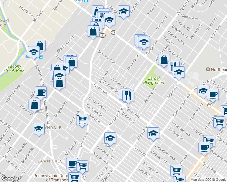 map of restaurants, bars, coffee shops, grocery stores, and more near 800 Brighton Street in Philadelphia