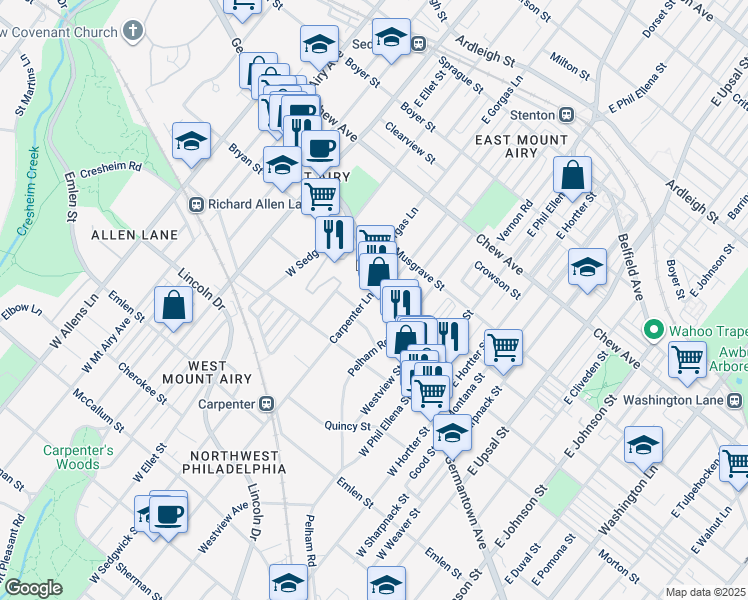 map of restaurants, bars, coffee shops, grocery stores, and more near 10 Carpenter Lane in Philadelphia