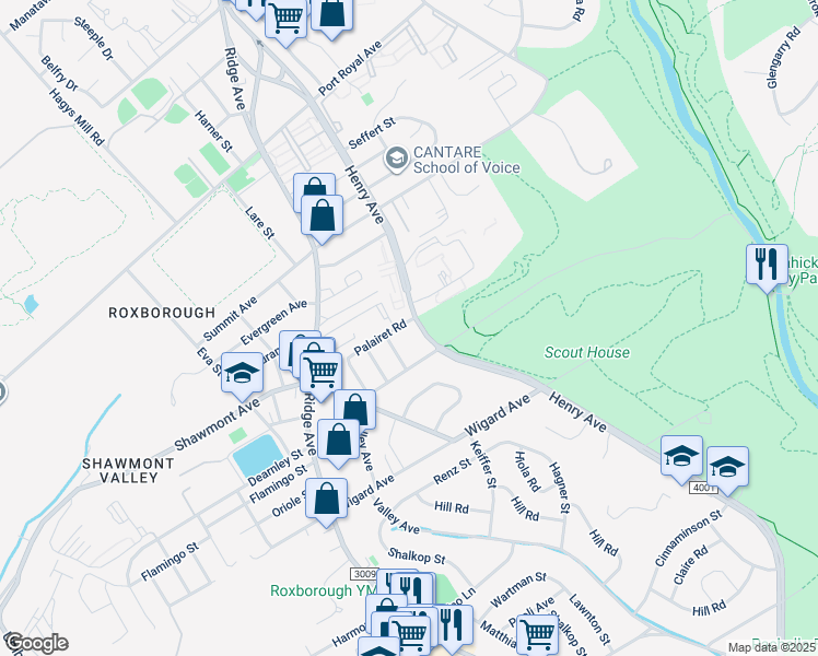 map of restaurants, bars, coffee shops, grocery stores, and more near 7712 Henry Avenue in Philadelphia